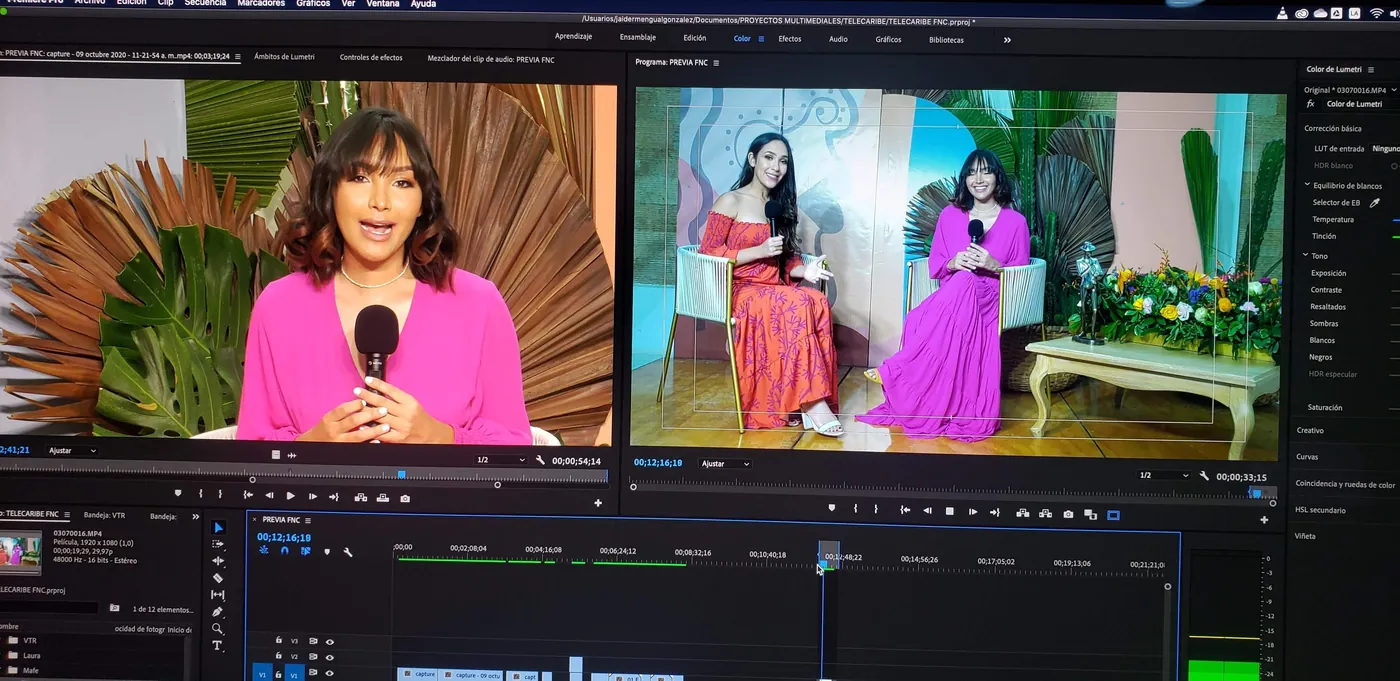 Pantalla de edición con dos tomas de un programa grabado en set, con presentadoras.