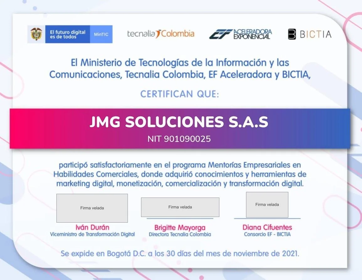 Certificado de participación de JMG SOLUCIONES en Mentorías Empresariales en Habilidades Comerciales, expedido el 30 de noviembre de 2021.